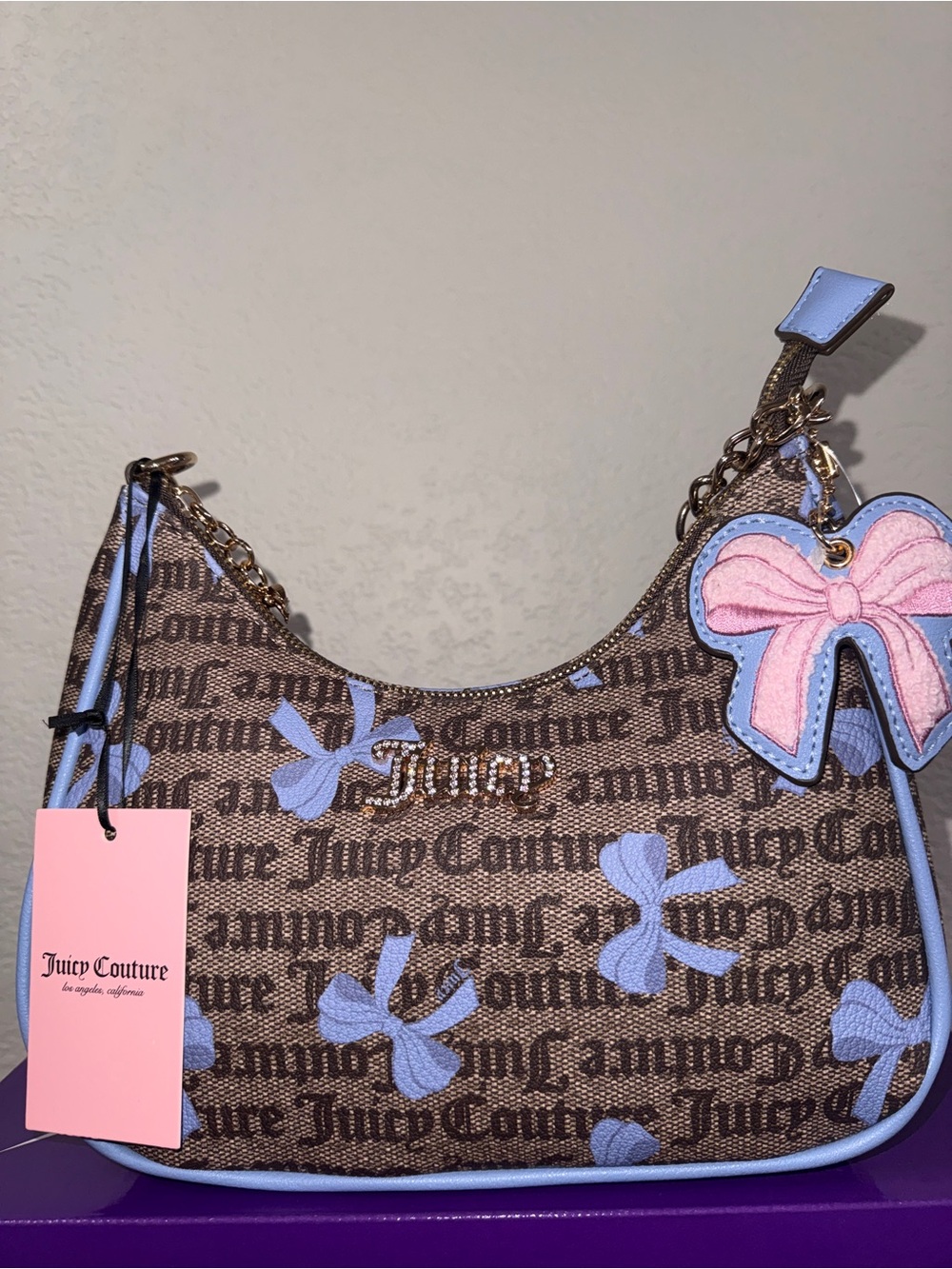 Juicy Couture Brown & Light Blue Logo Bow Shoulder Bag - Picture 5 of 8